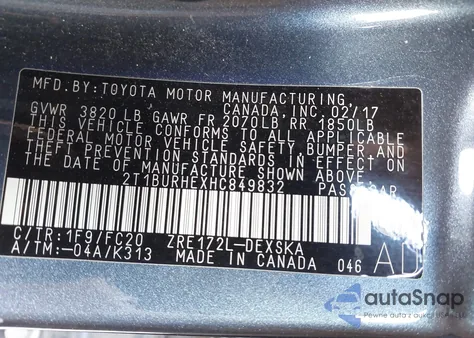 2017 Toyota Corolla Se из США, поврежденный, VIN 2T1BURHEXHC849832